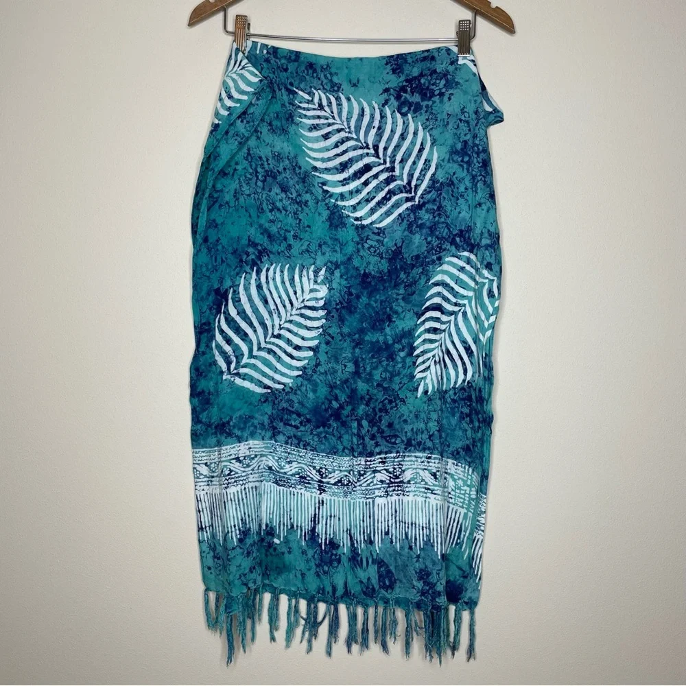 Fringed Blue/Bluegreen Leaf Print 20” x 64” Batik Scarf